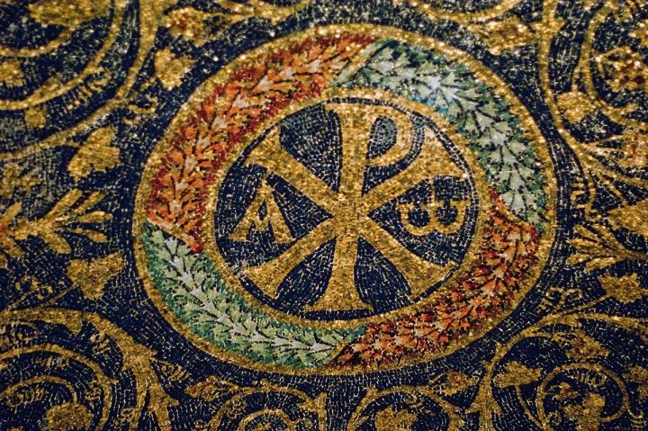 Chi-Rho with Alpha/Omega.  Mosaic.  Mausoleum of Galla Placidia.  Ravenna, Italy.  5C.